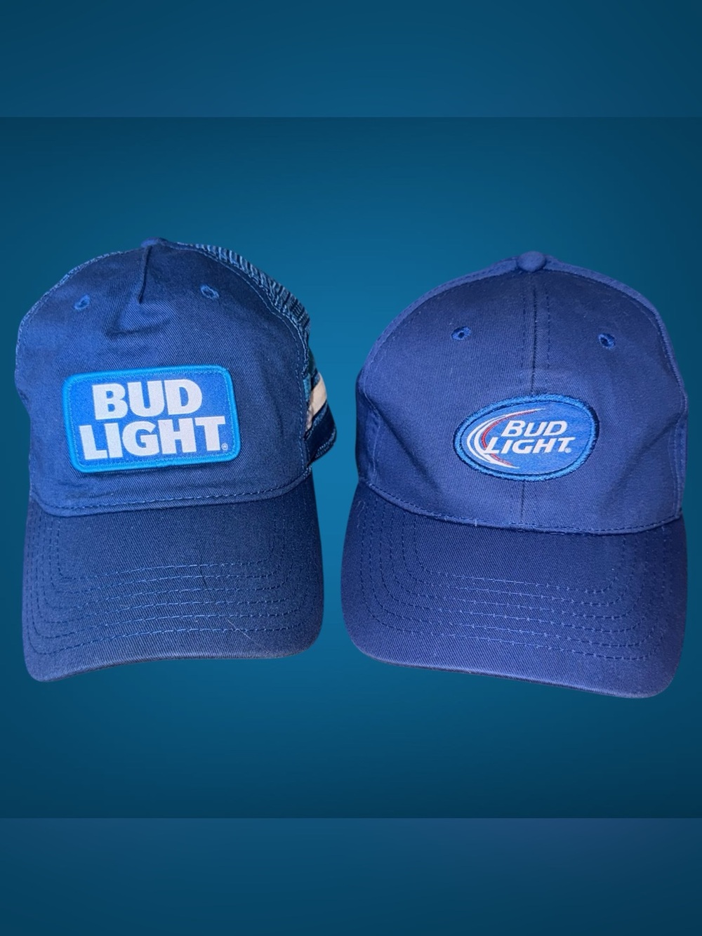 Lot of 2 Bud Light Blue Brand Caps – Striped Mesh Trucker Hat & Cotton Dad Hat
